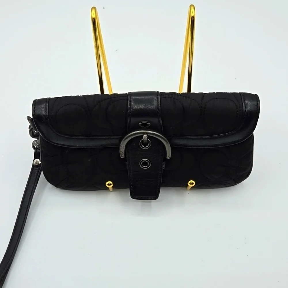COACH Wristlet Puffer Black Material w/ Signature C Print Chrome Belt Closure
